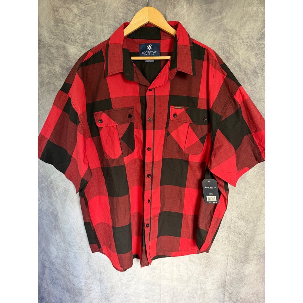 Rocawear Classic Mens 4XB Red Black Buffalo Plaid Short Sleeve Button Down Shirt